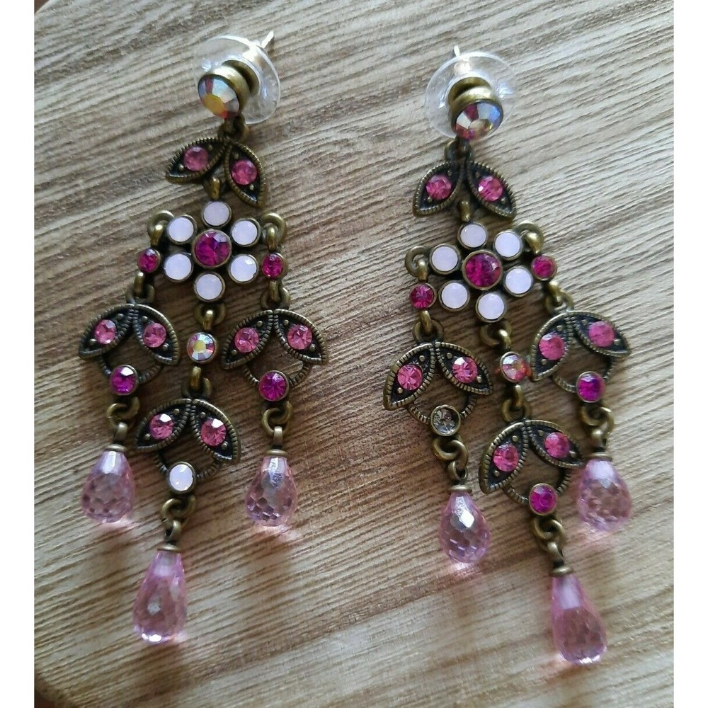 Kirks Folly Flower Pink Dangles Drop Springtime Pierced Earrings Signed Vintage